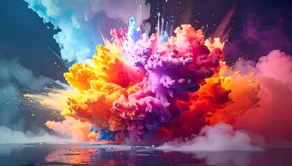 Vibrant, dynamic explosion of multicolored smoke against a light surface