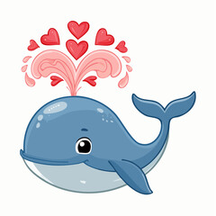 Cute cartoon whale spraying hearts and water.
