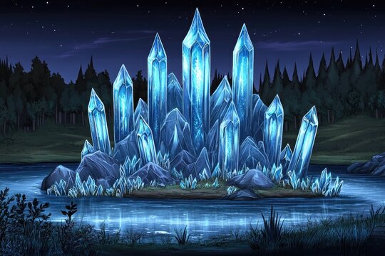 Glowing blue crystals on island at night