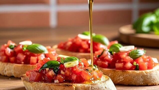 Close-up shot of tomato and basil bruschetta with olive oil drizzled onto it