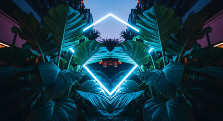 Symmetrical neon diamond shape glowing among large tropical green leaves at night