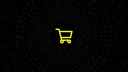 A  yellow shopping cart icon centered on a dark background with a radial pattern of red dots, representing online shopping, ecommerce, and the digital marketplace - Powered by Adobe