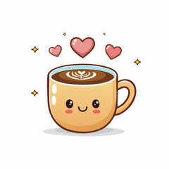 Cute coffee cup with hearts and a happy face.