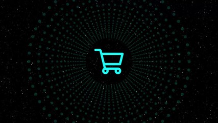 A  cyan shopping cart icon centered on a dark background with a radial pattern of red dots, representing online shopping, ecommerce, and the digital marketplace - Powered by Adobe