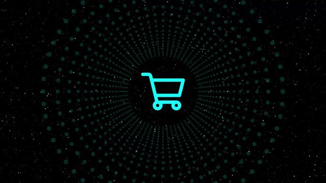 A  cyan shopping cart icon centered on a dark background with a radial pattern of red dots, representing online shopping, ecommerce, and the digital marketplace - Powered by Adobe