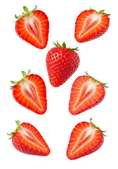 Whole and sliced strawberries isolated on transparent background