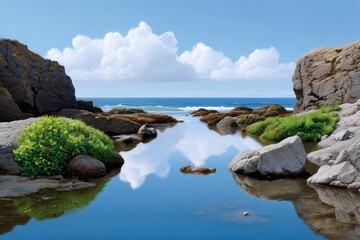 Rocky coast tide pool reflecting clouds in blue sky