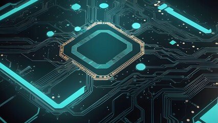 Blueprint of the Future Complex Microchip Design with Glowing Pathways and a Central Energy Source