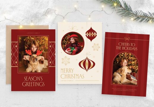Luxury Christmas Greetings Card Template & Holiday Photo Card Flyer in Red & Gold Hues