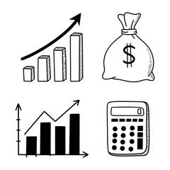 Hand Drawn Business Finance and Money Growth Doodle Icon Set with Charts and Calculator