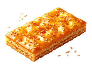 Golden Honey Glazed Sesame Cracker Isolated on Black. Sweet Layered Pastry with Caramel Topping & Sesame Seeds. Appetizing Snack Biscuit for Food Marketing, Bakery & Dessert Concepts.