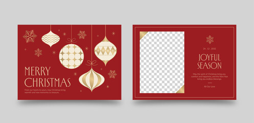 Luxury Christmas Photo Card with Gold Ornaments and Red Background – Elegant Holiday Flyer or Postcard Template