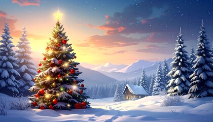 Winter holiday scene with decorated tree, snowy pines, and cabin