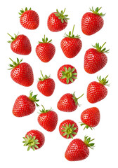 Floating fresh strawberries isolated on transparent background