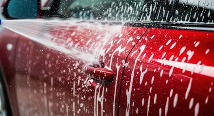 A bright red car getting cleaned with water and soap with a powerful water jet detail shot
