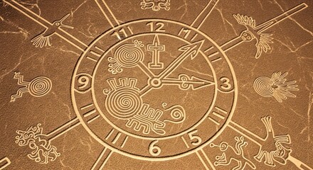 Ancient Timepiece Engraving Featuring Mythical Symbols and Stylized Time Indicators Depicting
