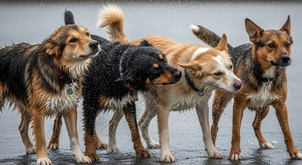Canine companions enjoying a playful romp in the rain with energetic shakes and expressive glances