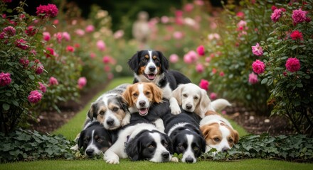 A vibrant garden scene featuring a pack of playful dogs nestled among blooming roses