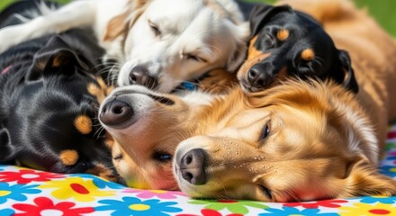 A cluster of canine tranquility; harmonious slumber amongst furry friends resting on a colorful