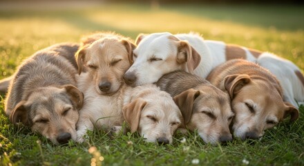 A peaceful gathering of canine companions basking in the golden warmth of the sun together in