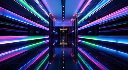 A modern hallway with vibrant colorful lighting creating a futuristic ambiance and feeling of