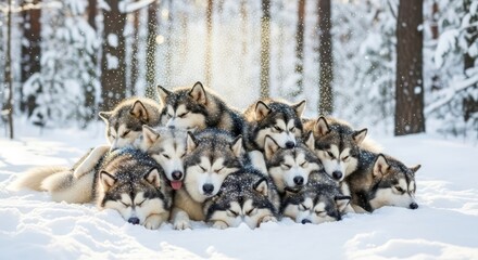 A pack of huskies huddled together sleeping in the snow-covered forest during winter season