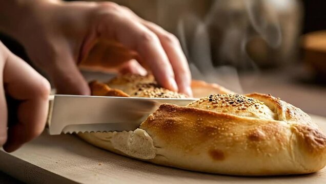 A pair of hands using a knife to cut a golden-brown bread loaf with sesame seeds on top