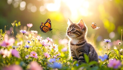 Obraz premium Adorable Kitten Watching Butterflies in a Sunny Meadow with Summer Nature.