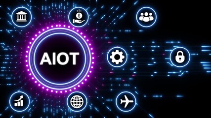 AIOT concept with glowing network and digital icons on black background AIOT artificial intelligence - Powered by Adobe