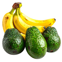 A bunch of ripe bananas and several avocados sit together, contrasting textures and colors