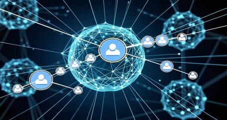 Abstract digital network illustrating interconnected user profiles with glowing nodes and lines - Powered by Adobe
