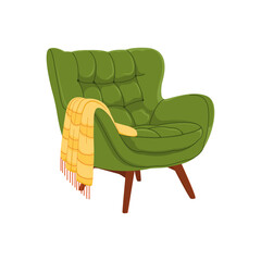 Cozy green armchair with a yellow plaid blanket. Vector illustration for home decor, comfort design, furniture shop, or hygge lifestyle concept.