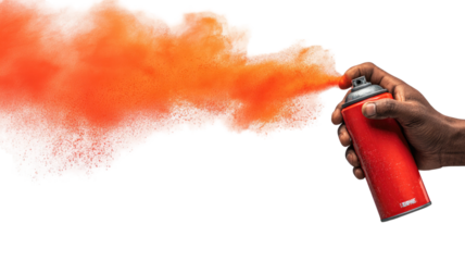 hand holds vibrant red spray can isolated on white background