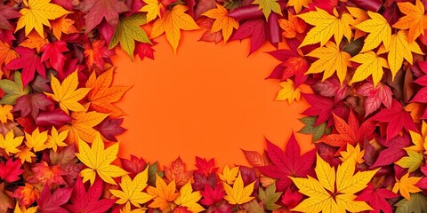 Fototapeta premium Vibrant autumn leaves arranged in a natural frame, design, colorful