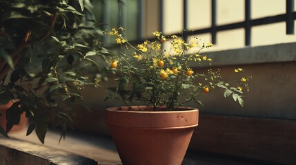 tomato plants growing in clay pots in a sunny spot