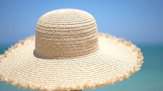 Straw Beach Hat Against Blue Sky - Close-up of a beige straw sun hat with a slightly frayed edge, set against a blurred background of a bright blue sky and ocean.