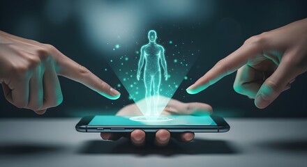 Hands interacting with a human hologram projected from a smartphone on a neutral background