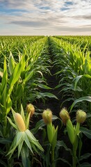 Obraz premium Cornfield Rows - A Glimpse into Agricultural Abundance and Growth.