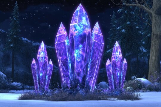 Glowing purple crystals in a snowy forest at night - Powered by Adobe