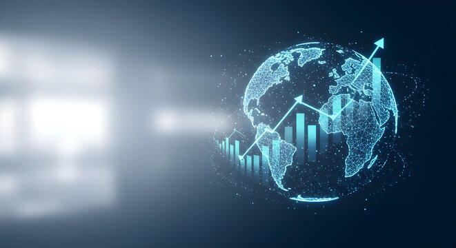 グローバルビジネスの成長と相互接続された金融市場を示す未来的な3D地球儀とデータ可視化