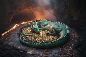 A majestic green dragon rests on a pile of gold and jewels within a fiery volcanic cave with glowing lava