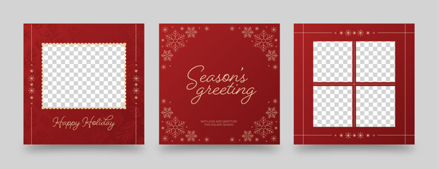 Luxury Red and Gold Christmas Social Media Banners – Elegant Square Holiday Photo Templates with Snowflakes and Frames
