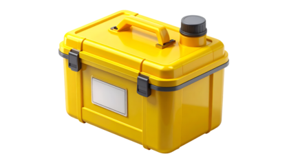 Bright Yellow Heavy-Duty Storage Box with Handle & Spigot Isolated on Black | Rugged Industrial Container, Cooler, or Toolbox for Secure Transport & Essential Supplies