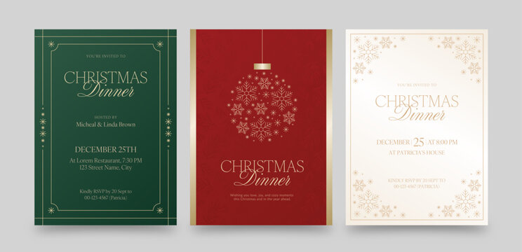 Elegant Christmas Dinner Invitation & Menu Flyer Templates – Luxury Holiday Party Cards in Red, Green, and White with Gold Accents - Powered by Adobe