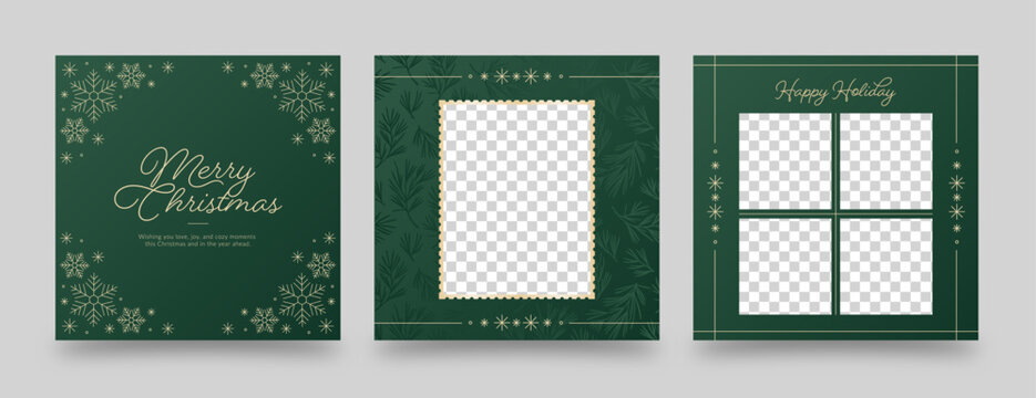 Elegant Green and Gold Christmas Social Media Banners – Luxury Square Holiday Templates with Photo Frames and SnowflakesSquare 01