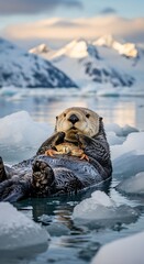 Sea Otters Serene Moment - Floating Amidst Glacial Beauty in Alaska.