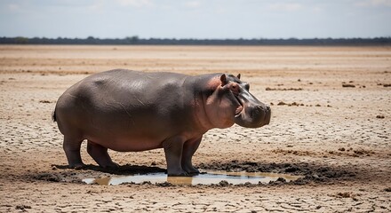 Hippopotamus in a dry landscape, standing in a puddle.