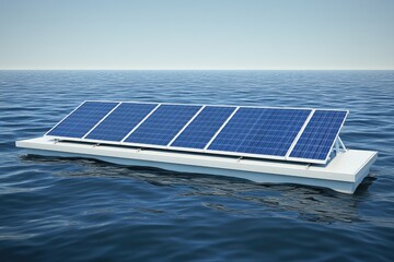 Floating solar panel array on calm ocean water