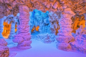 Cave interior, vibrant colors,  mineral formations