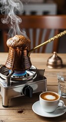 Brewing Turkish Coffee - Aromatic Tradition on a Rustic Table.